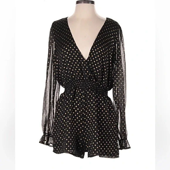 NWT Lulus Evening Gold Dot Black Chiffon Romper Medium Sheer Sleeve V-Neck - Picture 6 of 6